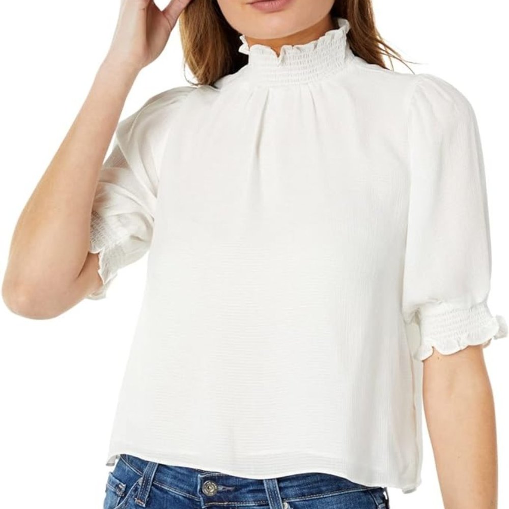 $89 1.STATE 3/4  short Sleeve Smocked Neck blouse New Ivory XXS